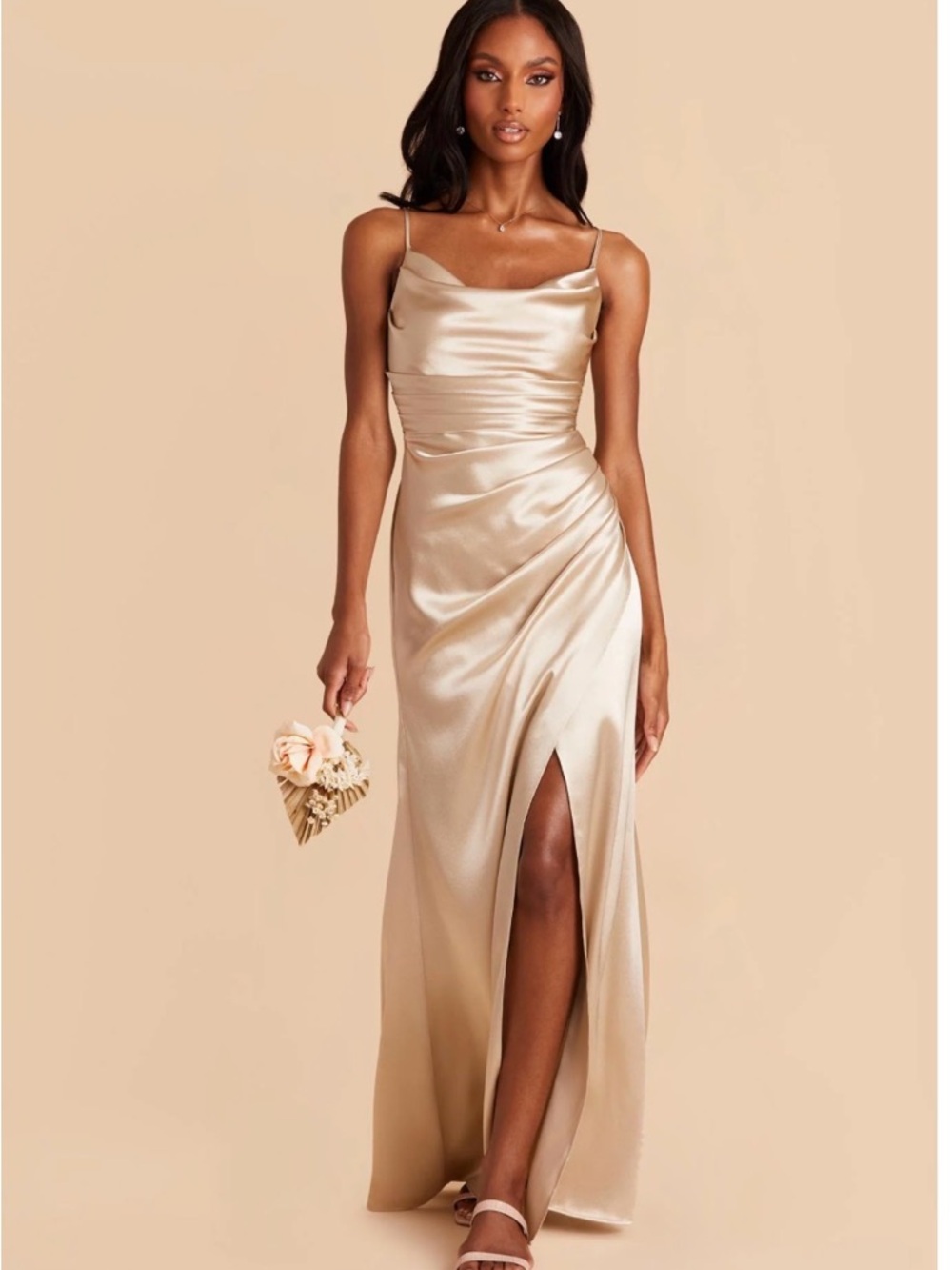 Birdy Grey Champagne Satin Cowl Neck Spaghetti Strap Maxi Dress